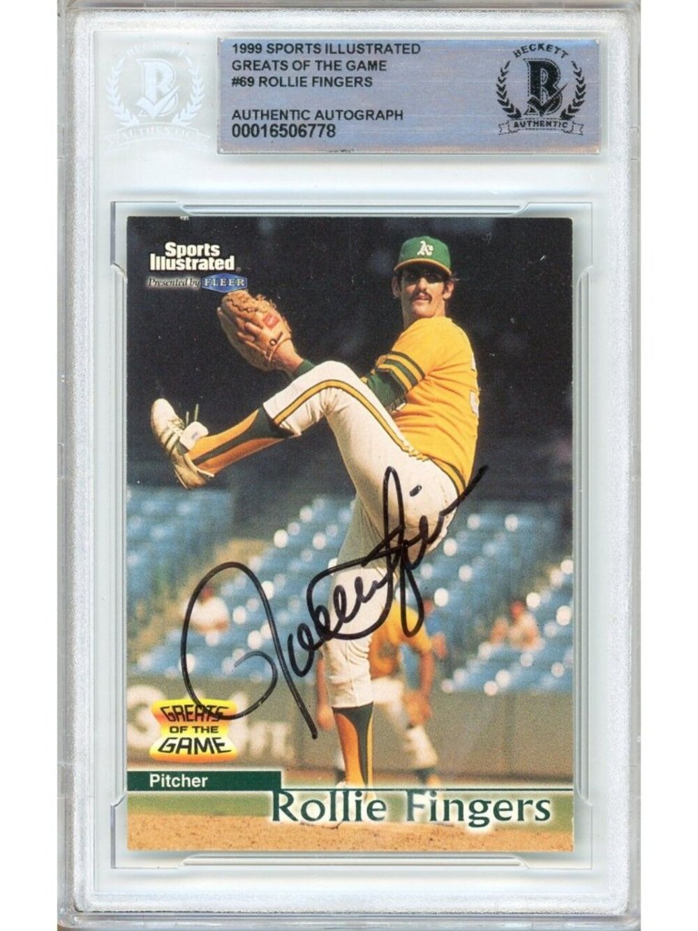 Rollie Fingers Signed 1999 Fleer Greats of Game #69 Athletics BAS Slab Auto HOF